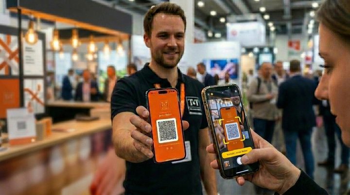 Visitenkarte wird auf der Messe gescannt